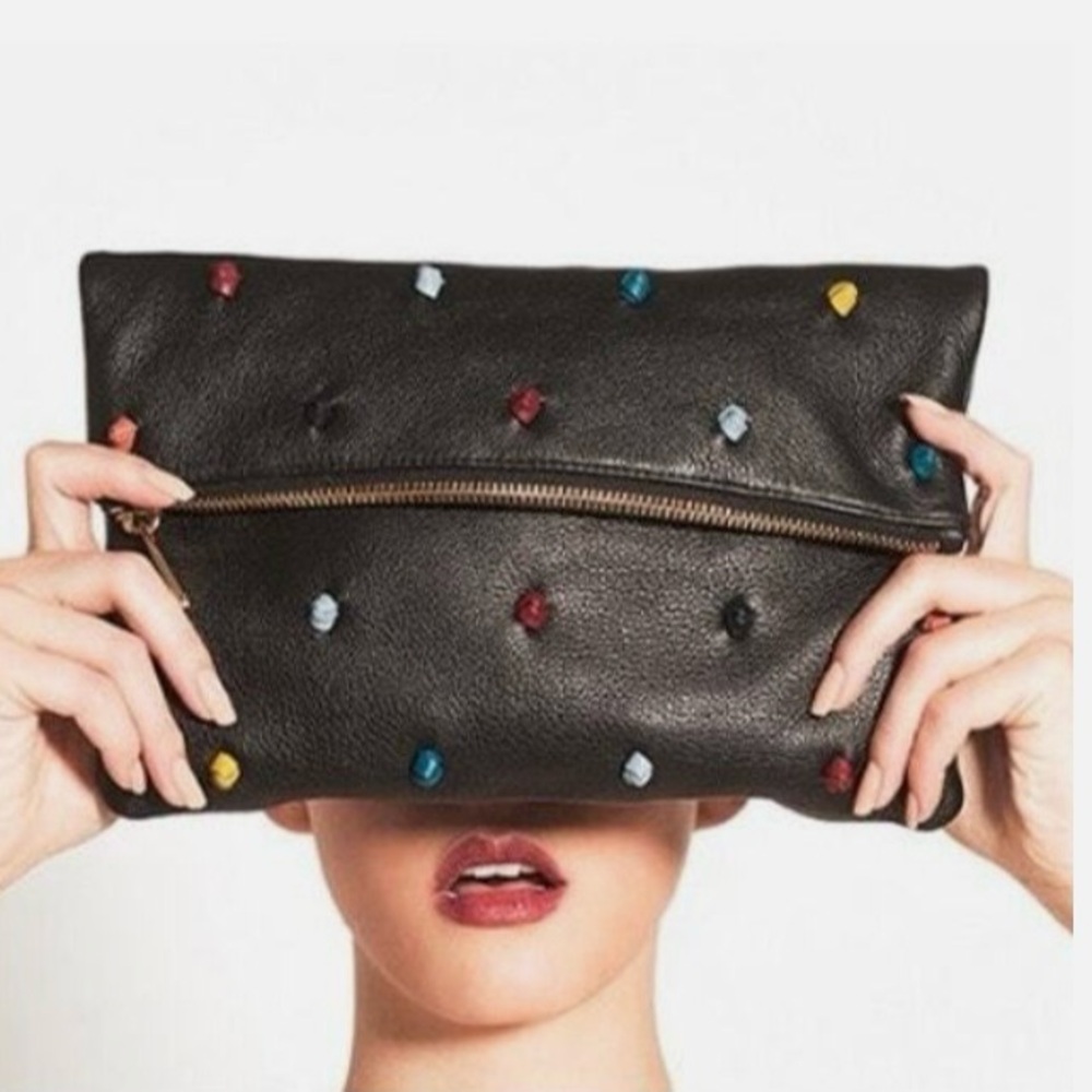 Multicolor Studded Black Leather Clutch - Picture 2 of 11